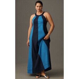 Anthropologie Maeve Maxi Dress Blue Ami Linen Halter Preppy Retro Boho Sz XL NWT